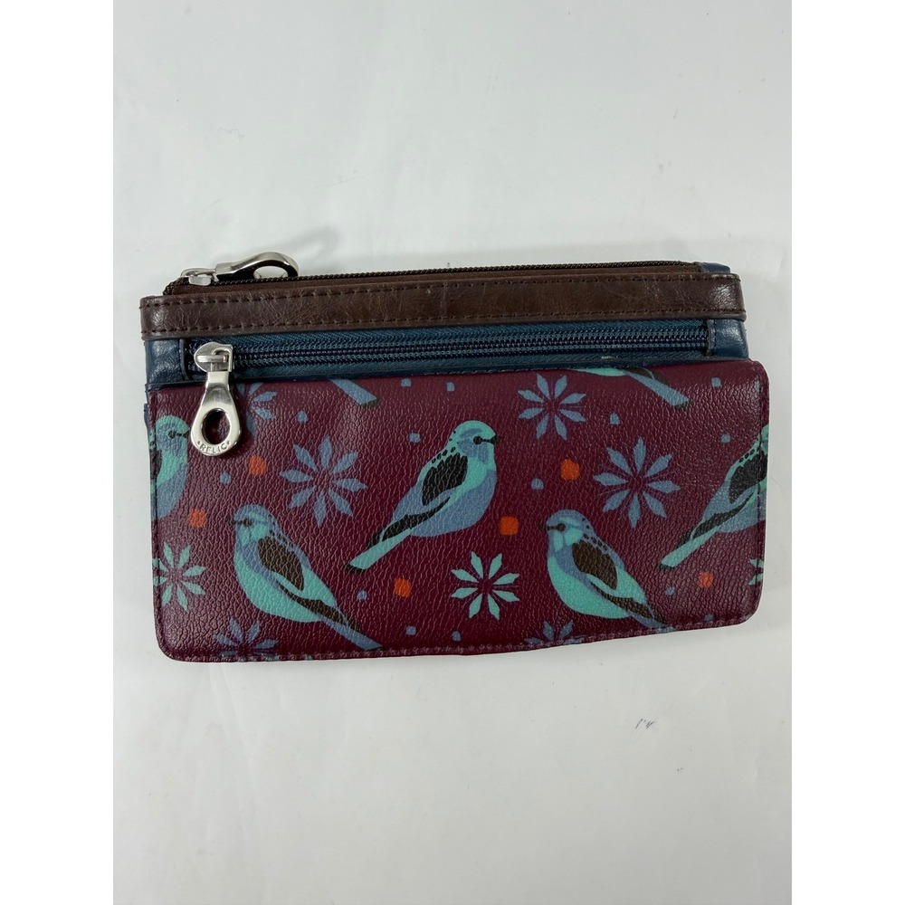 Relic Bird Print Bifold Wallet Burgundy Brown Blue Faux Leather Card Organizer